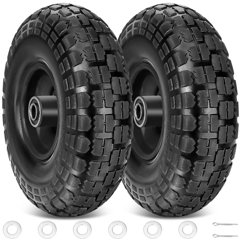 Photo 1 of TICONN 10" Solid Tires, 2 Pack Flat Free 4.10/3.50-4'' Wheels with 5/8” Axle Bore Hole and Double Sealed Bearings (Black, 2PK)