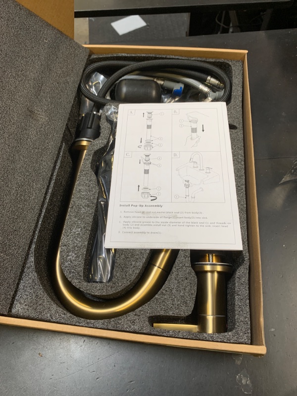 Photo 1 of KENES Brushed Gold Pull Out Bathroom Faucet, 8 Inch 2 Handle Widespread Bathroom Faucet 3 Hole with Pull Down Sprayer, Bathroom Sink Faucet with Pop Up Drain & Supply Lines LJ-9068-4