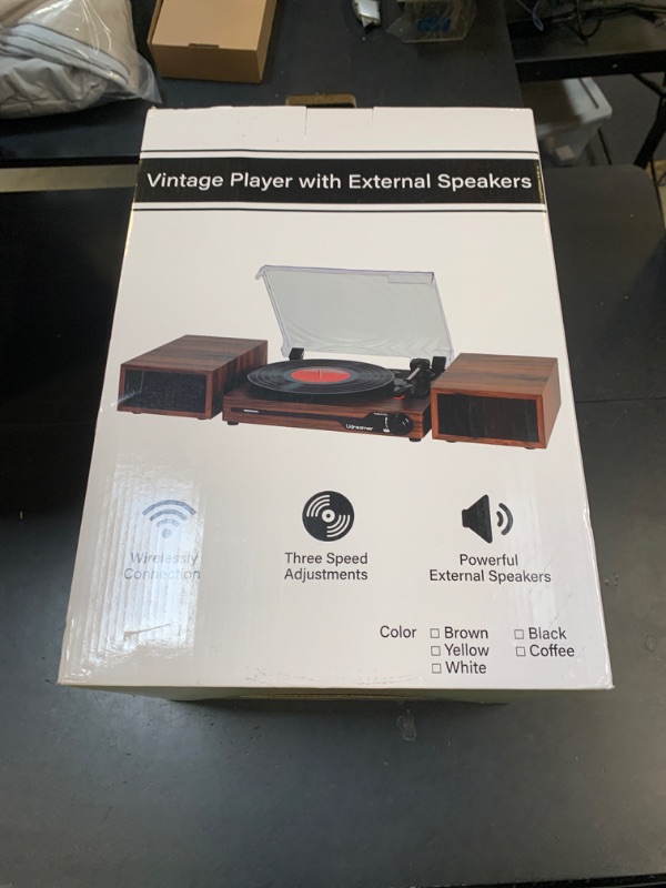 Photo 1 of Vinyl Record Player with Speakers,Bluetooth Portable Turntable for Vinyl Records,Phonograph LP Player with 3 Speed USB RCA in Vintage Brown
