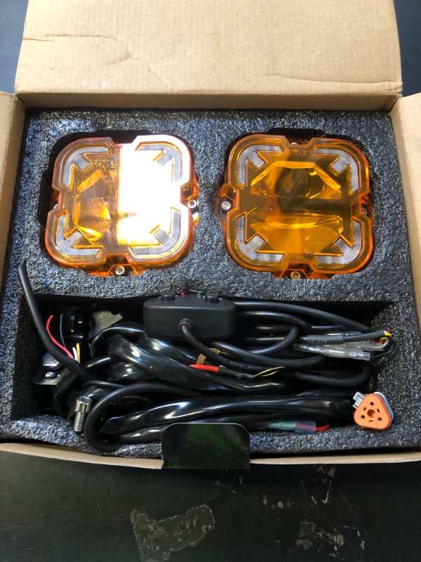 Photo 1 of SPL 4" LED Pod Lights with Amber Covers, 90W 12000LM Hi/Lo Beam Off Road Lights with Arrow Shaped Amber DRL, Led Ditch Lights with DT Wiring Harness for Trucks Jeep Pickup SUV ATV UTV, 2PCS