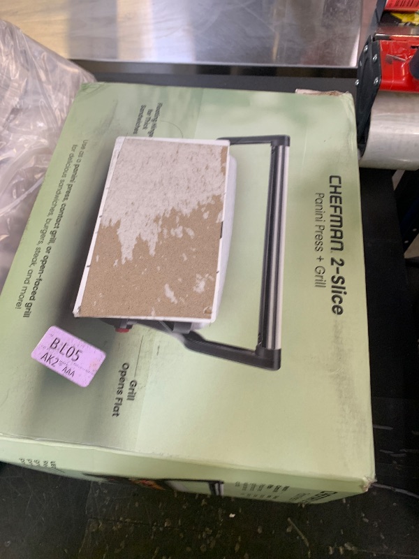 Photo 1 of Chefman Electric Panini Press Grill, Compact 2-Slice Sandwich Maker, Non-Stick Coated Plates, Opens 180 Degrees, Dishwasher Safe, Removable Drip Tray, Stainless Steel/Black