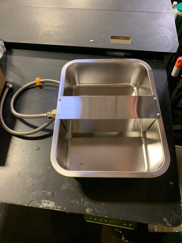 Photo 1 of *POSSIBLE*automatic waterer bowl, designed for pets or livestock. It features a float valve mechanism to automatically refill the bowl when the water level drops and a hose connection for a continuous water supply. 
