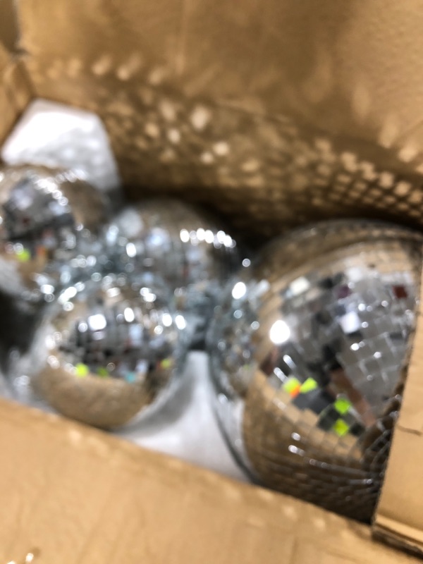 Photo 1 of Haull 8 Pcs Large Disco Ball Set Silver Mirror Disco Reflective Ball with Hanging Ring Party Ornament Decoration for Stage Club Ballroom Dance Hall Wedding Prom Props(12'', 8'', 6'', 4'')