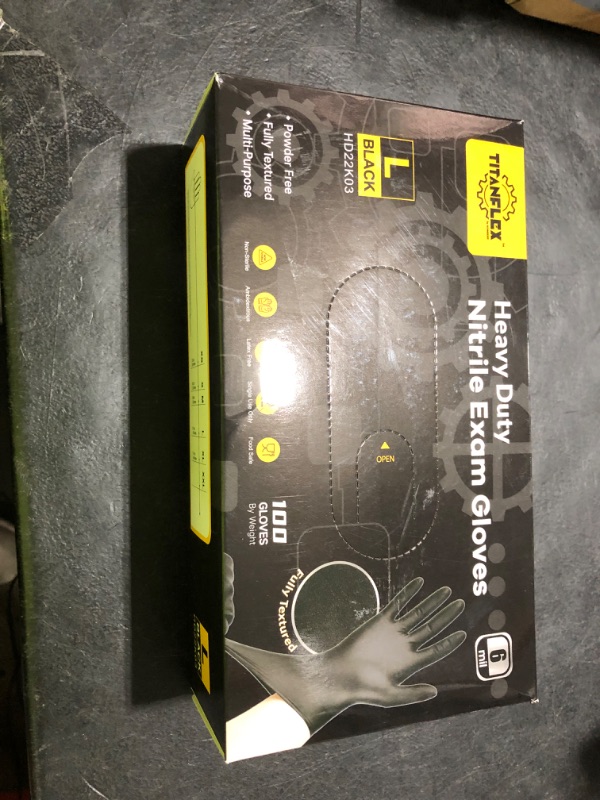 Photo 1 of TitanFlex Heavy-Duty Black Disposable Nitrile Gloves, Box of 100, 6-mil, Fully Textured, Powder-Free, Latex-Free, Non-Sterile