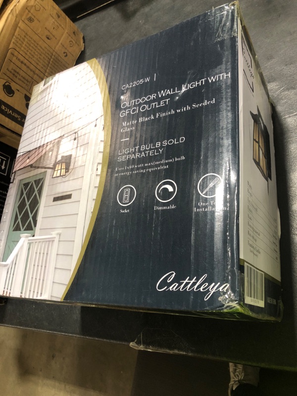 Photo 1 of c cattleya Porch Light with Outlet Plug, Outdoor Light with Outlet Built in Exterior Light Fixture Outdoor Wall Sconce with GFCI Outlet Aluminum Lantern Patio Garage Light with Seeded Glass