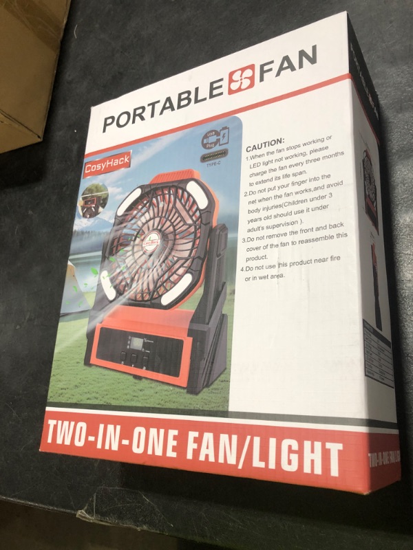 Photo 1 of CosyHack Portable Camping Fan, 20000mAh Rechargeable Battery Operated Fans with Lights, Outdoor Beach Tent Fan, 4 Speed, Adjustable Brightness for Picnic, Barbecue, Fishing, Office, Home