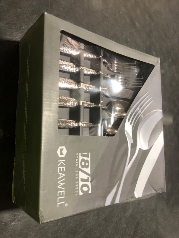 Photo 1 of KEAWELL Premium 20/45/65 Piece Louis Hammered Silverware Set with Squared Edge, 18/10 Stainless Steel, Service for 4/8/12, Fine Flatware Set, Dishwasher Safe (45)