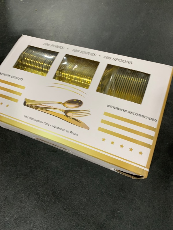 Photo 1 of N9R 300PCS Gold Plastic Silverware, Heavy Duty Gold Plastic Cutlery Set Disposable Flatware Dinnerware, 100 Forks, 100 Spoons, 100 Knives, Perfect for Party, Wedding and Daily Use