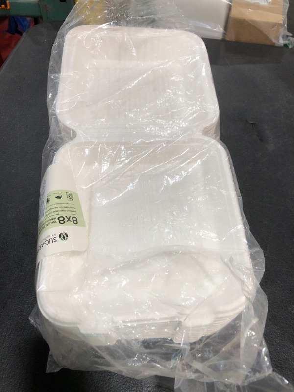 Photo 1 of [50 COUNT] Harvest Pack 8 X 8 inch White Compostable Square Hinged Container, Disposable Single Compartment Clamshell Takeout Box, Made from Eco-Friendly Bagasse Plant Fibers, No PFAS Added