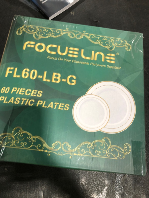 Photo 1 of FOCUSLINE Gold Plastic Plates Set of 60, Disposable Plates with Gold Rim 30 Dinner Plates 10" and 30 Salad Dessert Appetizer Plate 7", Elegant Fancy Heavy Duty Wedding Party Plates