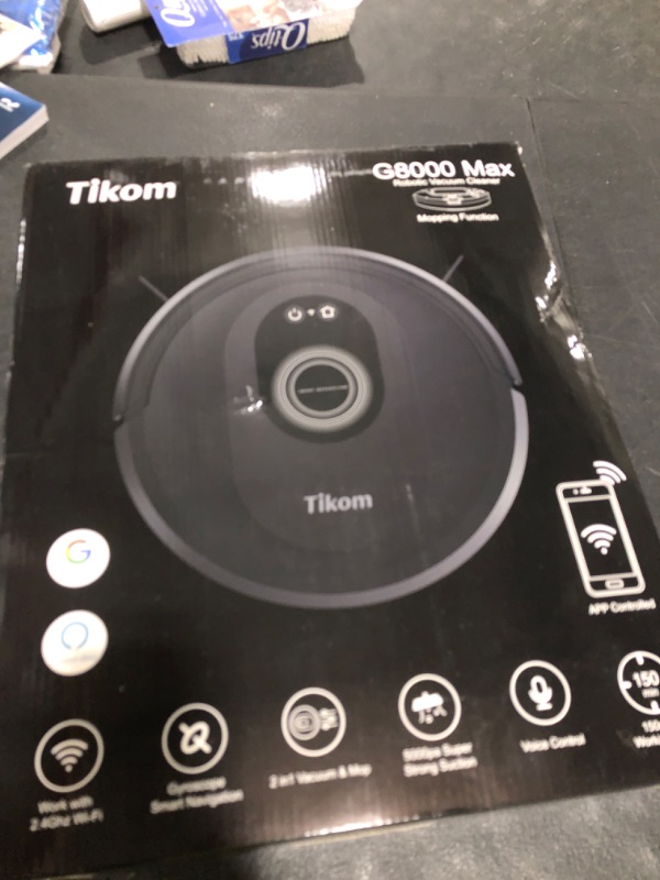 Photo 1 of Tikom Robot Vacuum and Mop Combo, 5000Pa Robotic Vacuum Cleaner, 150 Min Max, App & Remote Control, Ideal for Hard Floor, Carpet, Pet Hair, Self-Charge(G8000 Max)
