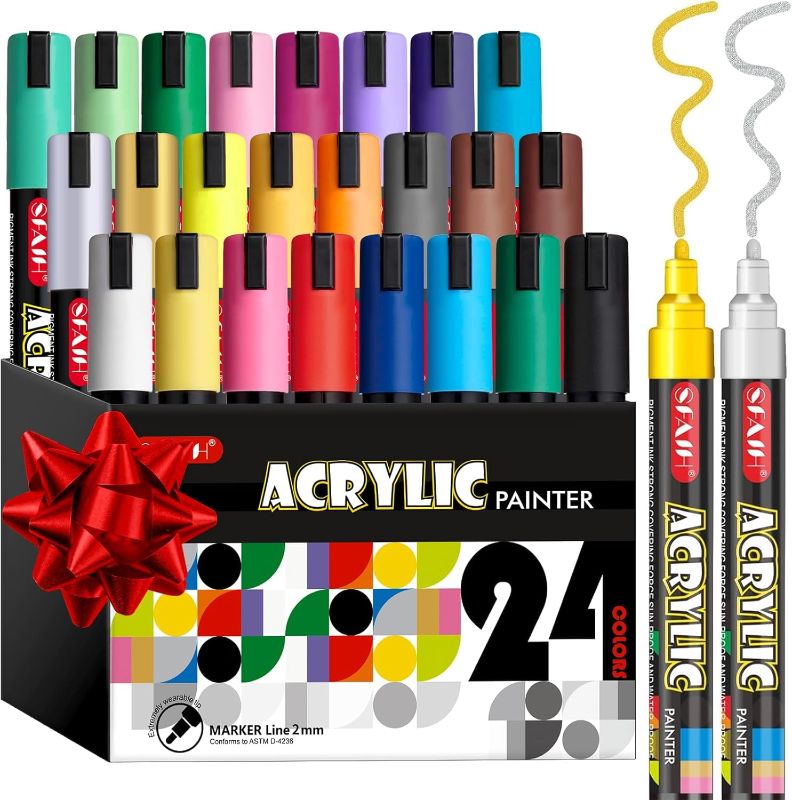 Photo 1 of SFAIH Acrylic Creative Markers - 3mm Replaceable Nibs 24 Colors, Large Ink Capacity, Ultra-High Coverage, Non-Bleeding Water-Based Ink, Drawing Markers for Art Supplies, Wood, Fabric, Rock Painting