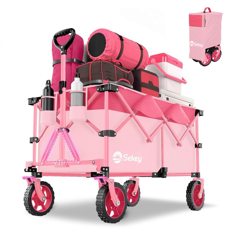 Photo 1 of Sekey Pink Collapsible Foldable Wagon with 330lbs Weight Capacity, Heavy Duty Folding Wagon Cart