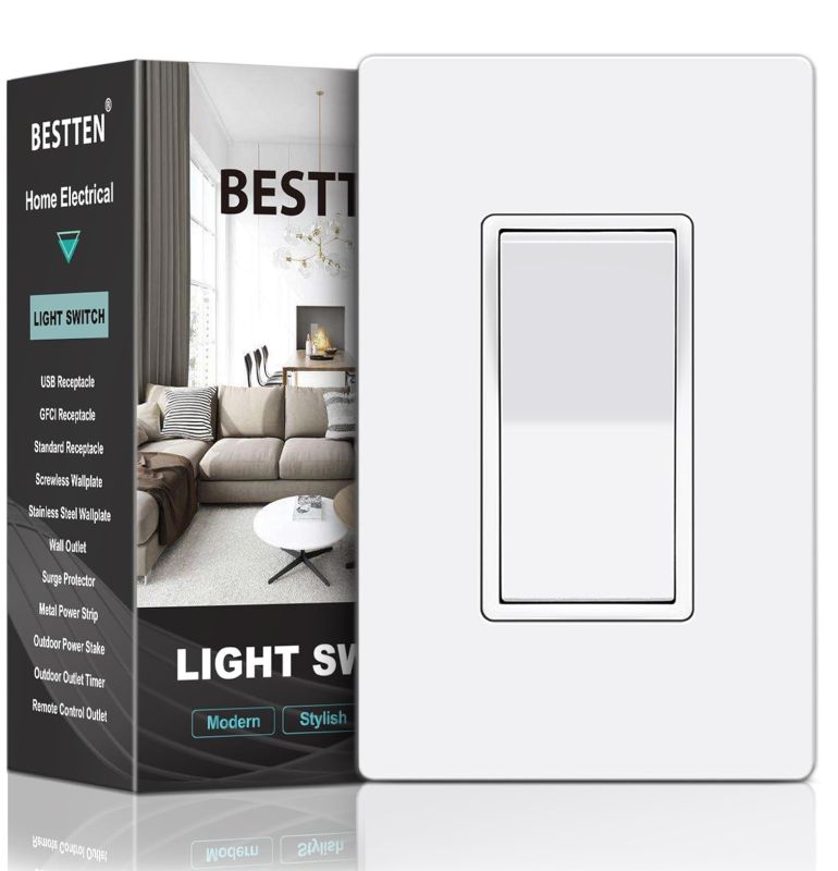 Photo 1 of BESTTEN Single Pole Decorator Light Switch with Screwless Wall Plate, Paddle Rocker Wall Switch,15A 120/277V