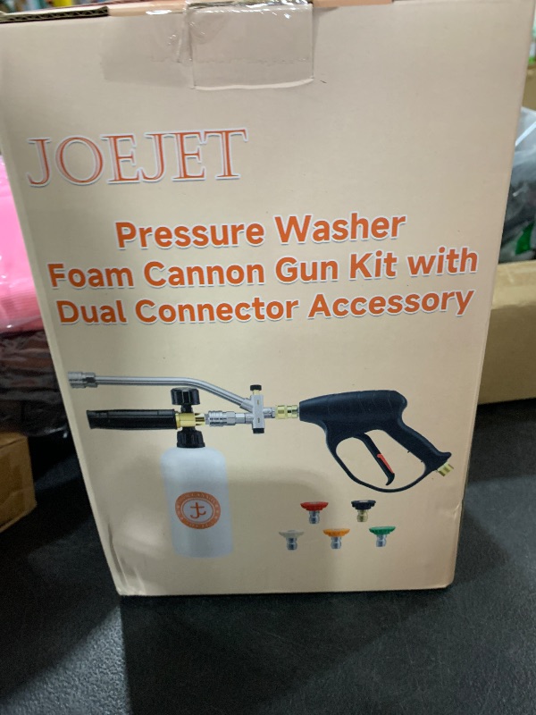 Photo 1 of JOEJET Short Pressure Washer Gun with Foam Cannon Dual Connector Accessory, Car Wash Foam Gun with 1/4 Inch Quick Connector, 5 Pressure Washer Nozzle Tips, 1 Liter