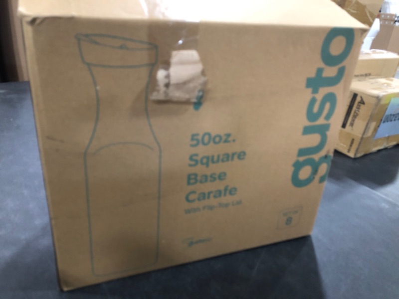 Photo 1 of GUSTO [50 oz - 8 Pack] Plastic Carafe with Lid, Large Capacity Square Base - Clear Pitcher with Flip Top Lid, Easy-Pour Spout Juice Containers with Lids - Perfect for Mimosa Bar, Water, and Cold brew