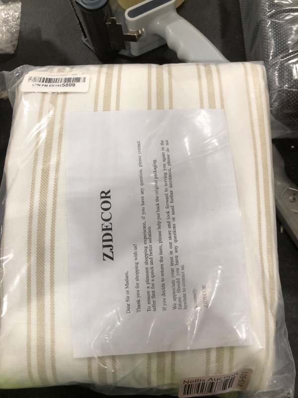 Photo 1 of ZJDECOR Beige Striped Blackout Curtain Panels 95 Inch Length,Modern Stripe on White Cotton Blend Light Filtering Fabric with White Liner,Room Darkening Window Treatment,Back Tab Rod Pocket,55"Wx95"Lx2