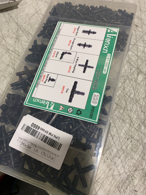 Photo 1 of Aienxn 220PCS 1/4" Drip Irrigation Kit Barbed Connectors, Straight Barb, Tee, Single Barb, End Plug, Elbow, 4 Way Coupling Irrigation Fittings for Garden Lawn Flower Pot