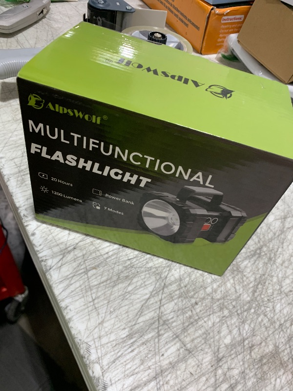 Photo 1 of AlpsWolf Rechargeable Flashlight, LED Spotlight Flashlight 10000 Capacity 1200LM 20h Ultra-Long Standby 3+4 Lights Modes Camping Flashlight Waterproof with USB Output as a Power Bank