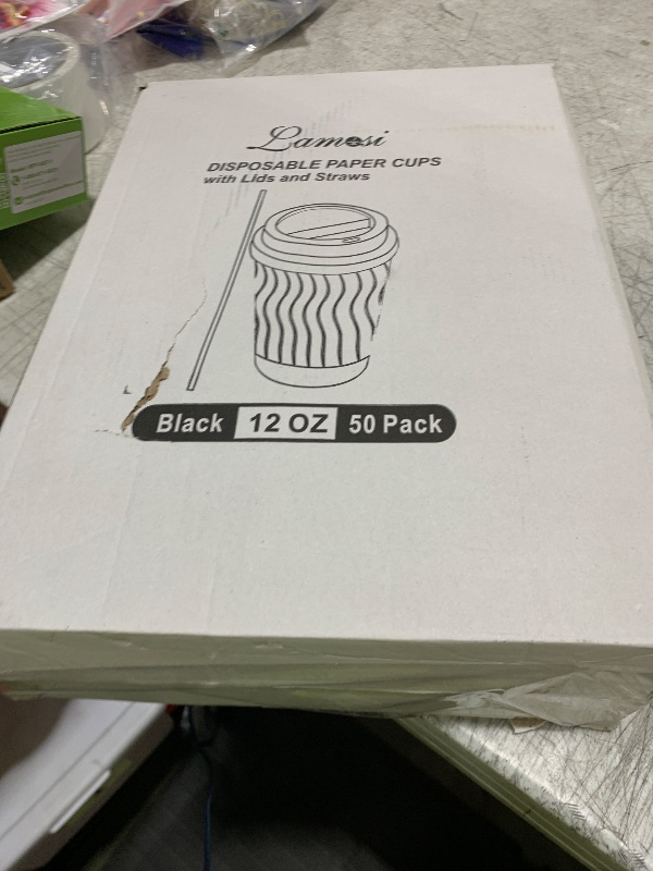 Photo 1 of Lamosi 12 oz Disposable Coffee Cups with Lids, 50 Pack Insulated Hot Cups To Go Paper Coffee Cups with Lids and Straws, Corrugated Ripple Wall Cup for Hot Drink, Office, Coffee Bar (Black)