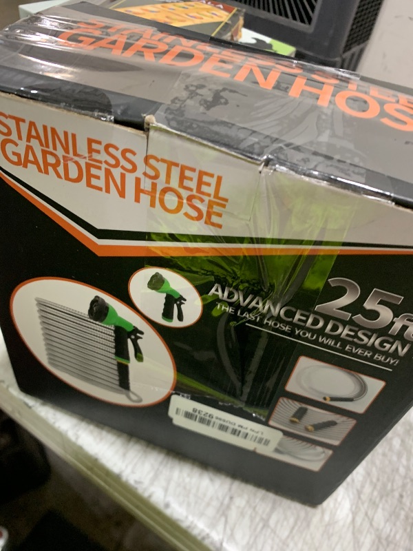 Photo 1 of Garden Hose 25ft, Stainless Steel Heavy Duty Water Hose with 10 Function Nozzle Flexible, Lightweight, No-Kink, Pet Proof, Puncture Proof Metal Hose for Yard, Outdoor
