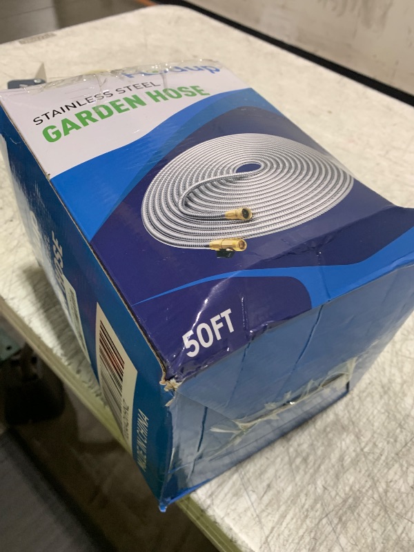 Photo 1 of Metal Garden Hose 50 FT, Stainless Steel Water Hose, Garden Hose Tough & Flexible, Lightweight, Crush Resistant Brass Fittings & Shut Off Valve, Kink & Tangle Free, Rust Proof (Silver, 50 FT)