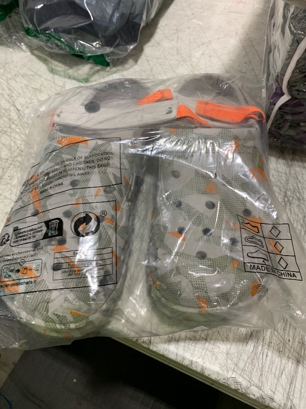 Photo 1 of SECHRITE Mens Athletic Sports Clogs Garden Shoes Rubber EVA Mules Slip on Waterproof Summer Water Beach Clogs Slippers Sandals Breathable Graphic Garden Shoes with Adjustable Back Strap Grey Orange 42