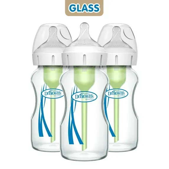 Photo 1 of Dr. Brown's Anti-Colic Options+ Wide-Neck Glass Baby Bottle, 9oz/270ml, Slow Flow, BPA Free, 0m+, 3 Pack