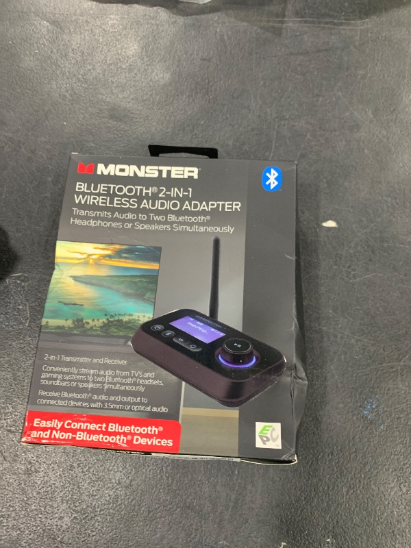Photo 1 of Monster Bluetooth Transmitter & Receiver, 2-in-1 Bluetooth Audio Adapter, Stream to/from NonBluetooth Devices, Stream TV to 2 Headphones, 33 ft Range, Analog & Digital, TV USB Powered, 3.5mm Aux Port