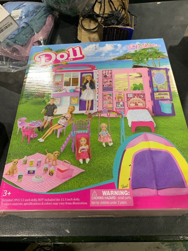 Photo 1 of Style Shine Doll House Portable & Foldable Dollhouse w/ 60+ Pcs & 2 Dolls, Play House Toy with Bedroom Kitchen Furniture Camping Playset, Playhouse Birthday Gift for Girl Kid Toddler