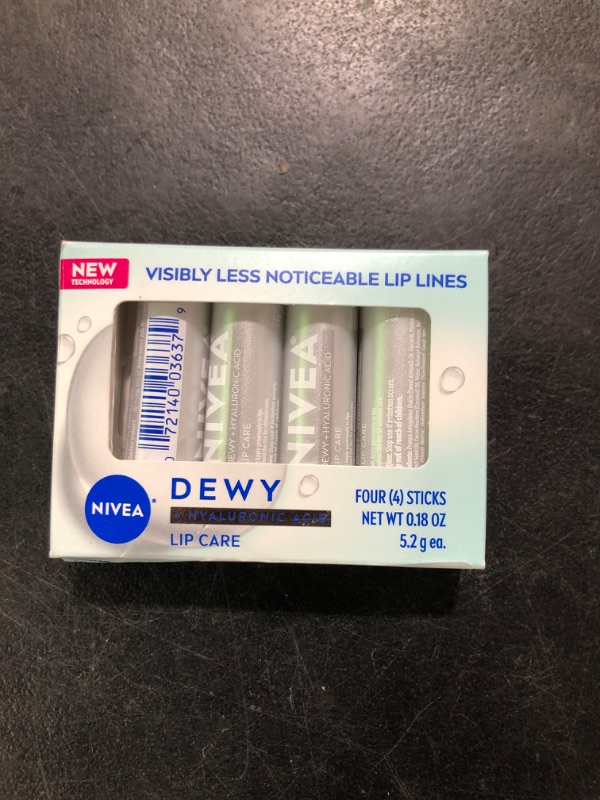 Photo 1 of NIVEA Dewy Lip Balm with Hyaluronic Acid, Leaves Visibly Less Noticeable Lip Lines and No Waxy Feel, 0.18 Oz, Pack of 4