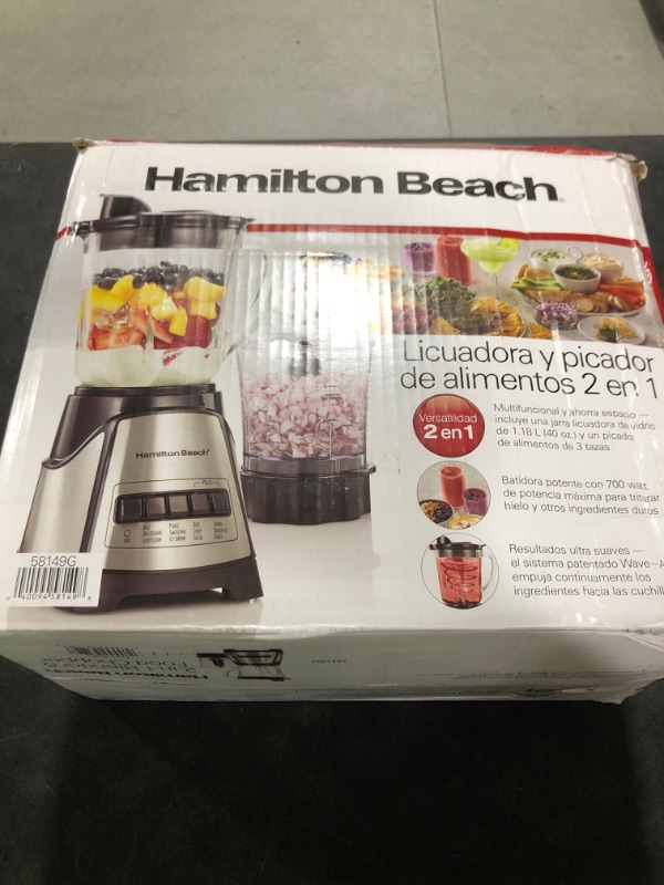Photo 1 of Hamilton Beach Power Elite Blender for Smoothies with 3-Cup Vegetable Chopper, Mini Food Processor, 40oz Glass Jar, 12 Functions for Puree, Ice Crush, Black and Stainless Steel (58149)