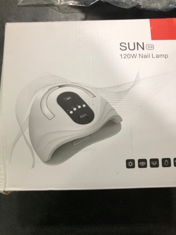 Photo 1 of Sunrich UV Gel Nail Lamp 120W LED Nail Light Fast Dryer for Gel Polish Curing with 4 Timers Portable Handle Large Space Automatic Sensor (White)