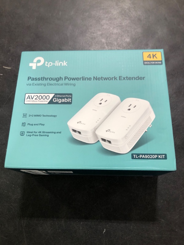 Photo 1 of TP-Link AV2000 Powerline Ethernet Adapter TL-PA9020P KIT - Powerline Network Adapter w/ Passthrough, Noise Filter, 2x2 MIMO, 2 Gigabit Ports, Ethernet Over Power, Plug Pair & Play, Power Saving Mode