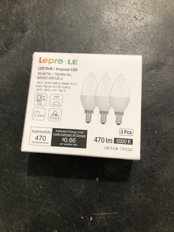 Photo 1 of Lepro E12 LED Candelabra Light Bulbs, 5000 Kelvin Daylight White 5.5 watt, 40 watt Equivalent B11 C37 Ceiling Fan Bulb Chandelier Bulbs, Type B Small Base Candle Lights, Plastic, Not-dimmable, 3-Pack