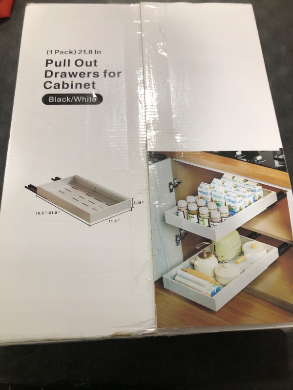 Photo 1 of Mustorn 1 Pack Pull Out Cabinet Organizer, 21.8" Deep Slide Out Drawer for Cabinets Adhesive Pull Out Drawers Heavy Duty Pull Out Shelves for Kitchen, Cupboard, Pantry, Bathroom-White