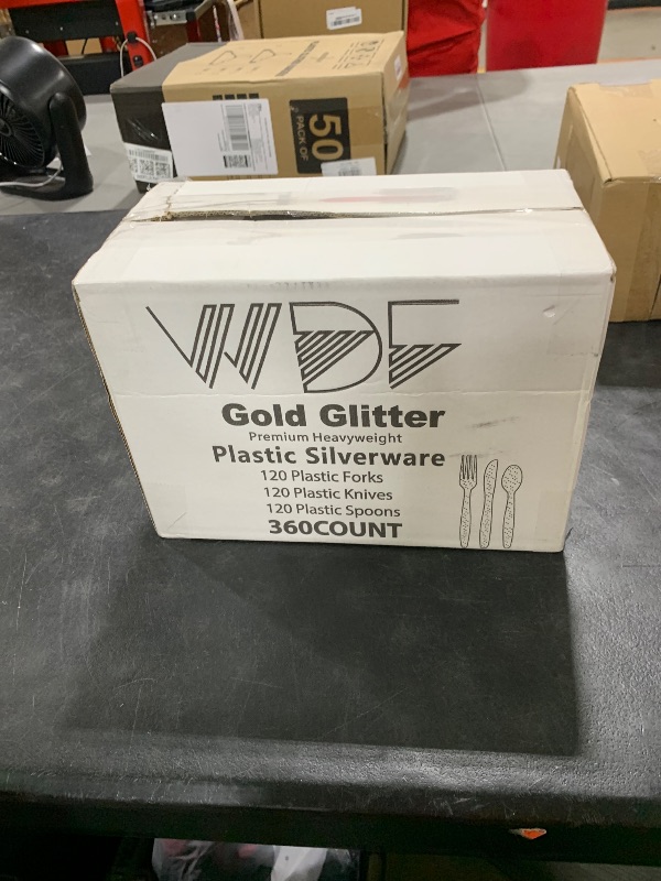 Photo 1 of WDF 360 Gold Plastic Silverware - Disposable Gold Glitter Cutlery - Plastic Silverware inluding: 120Forks, 120 Spoons, 120 Knives for Wedding/Party
