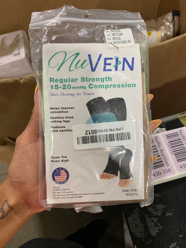 Photo 1 of NuVein Sheer Compression Stockings, 15-20 mmHg Support, Fashionable Medium Denier, Knee High, Open Toe, Beige, Medium