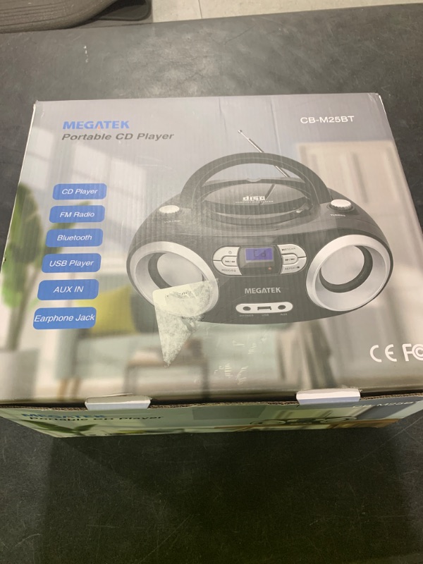 Photo 1 of MEGATEK Portable CD Boombox with FM Stereo Radio, Bluetooth, USB Port, and Backlit LCD Display | CD-R/CD-RW/MP3-CD Compatible | AUX Input | Headphone Jack | Programmable CD Player - Black