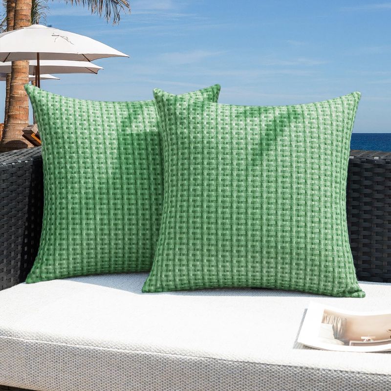 Photo 1 of Kevin Textile Outdoor Waterproof Throw Pillow Covers Pack of 2 Farmhouse Decorative Cushion Covers for Garden Patio Tent Balcony Bench Couch Sofa 16x16 Inch, Sage Green