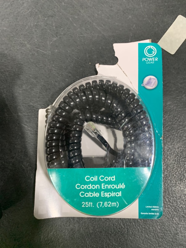 Photo 1 of Power Gear Coiled Telephone Cord, 4 Feet Coiled, 25 Feet Uncoiled, Phone Cord works with All Corded Landline Phones, For Use in Home or Office, Black, 76139