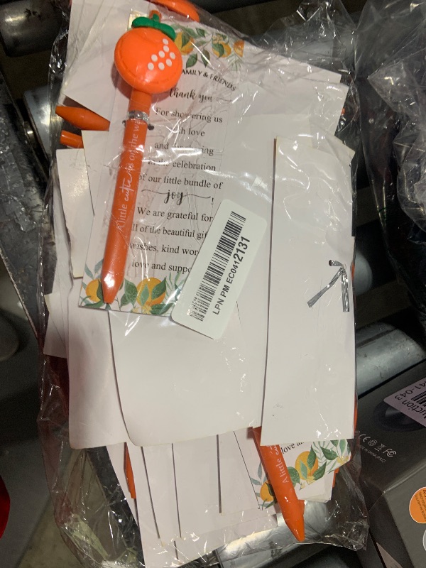 Photo 1 of Chivertion 50 Set Baby Shower Pens Favors for Guests 50 Baby Shower Retractable Ballpoint Pens 50 Thank You Cards with Twist Ties for Gender Reveal Party Souvenir Prize(Orange)