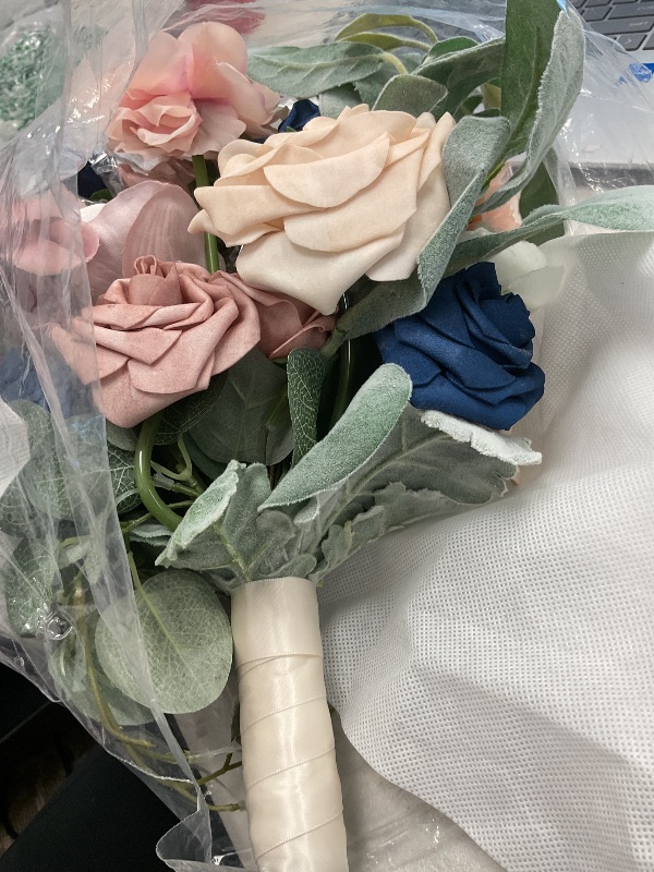Photo 1 of Ling's Moment Dusty Rose Navy Blue Bridal Bouquet Cascading, Pink and Blue Wedding Bouquets for Bride, 15 Inch Silk Artificial Wedding Flower Bouquet