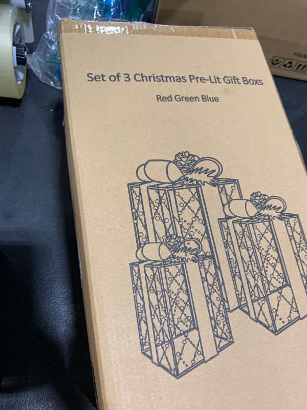 Photo 1 of 3 Pcs Christmas Lighted Gift Boxes, Pre-lit Xmas Present Boxes with Red Green Blue Beaded Ribbons 60 Warm White LEDs for Home Lawn Indoor Outdoor Christmas Decor