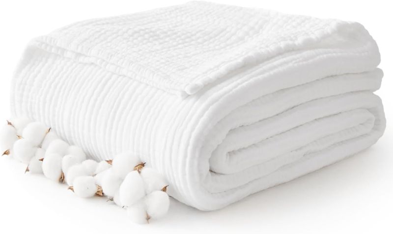 Photo 1 of 100% Cotton Muslin Blanket King 108" x 90", 6 Layers Breathable and Lightweight Cotton Throw Blanket for Bed, Soft Quilt Bedspread Coverlet, Gauze Blanket for Adults All Season, White
