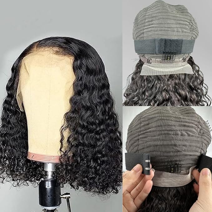 Photo 1 of Women's Natural Brazilian Deep Curly Wig 13 x 4 Transparent Bob Lace Wig Human Hair Wig Human Hair Wig Short Human Hair Wig 180% Density 12 Inches