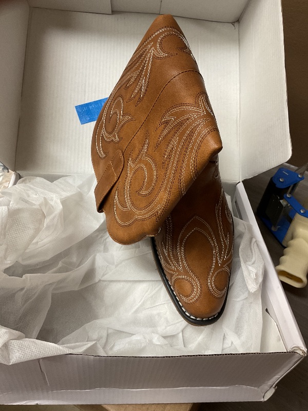 Photo 1 of DREAM PAIRS Women's Cowboy Boots Mid Calf Cowgirl Boots Square Toe Chunky Heel Embroidery Stitched Western Boots,Size 7.5,Tan,SDMB2403W