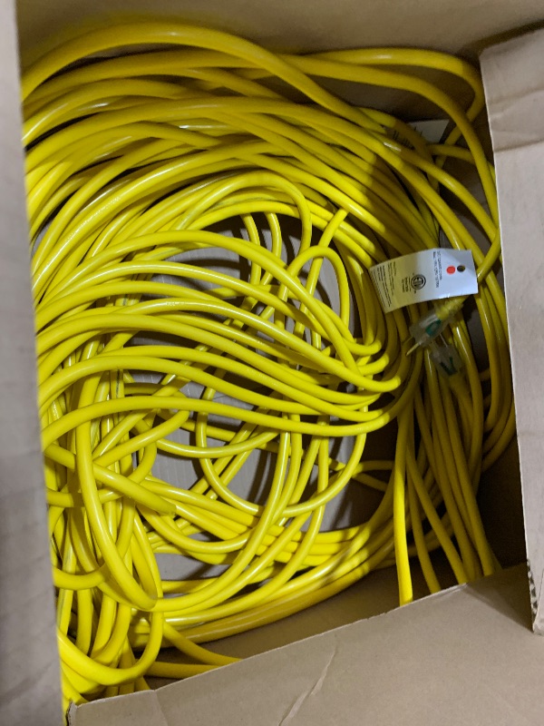 Photo 1 of POWGRN 100 ft 12/3 Outdoor Extension Cord Waterproof Heavy Duty with Lighted Indicator End 12 Gauge 3 Prong, Flexible Cold-Resistant Long Power Cord Outside, 15Amp 1875W SJTW Yellow ETL Listed