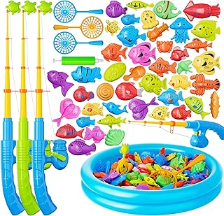 Photo 1 of Magnetic Fishing Pool Toys Game for Kids Toddlers 3-5 4-8, Fishing Water Table Bathtub Toy with Inflatable Pool Pole Rod Net Plastic Floating Fish, Water Bath Pool Outdoor Toys for Kids Toddlers Baby