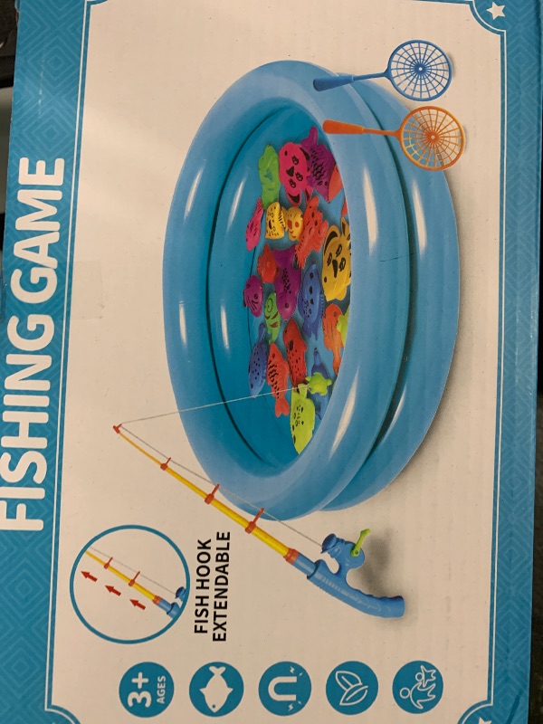 Photo 1 of Magnetic Fishing Pool Toys Game for Kids Toddlers 3-5 4-8, Fishing Water Table Bathtub Toy with Inflatable Pool Pole Rod Net Plastic Floating Fish, Water Bath Pool Outdoor Toys for Kids Toddlers Baby
